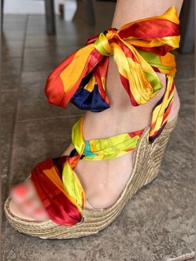 Luxury Rebel Colorful Scarf Wrap Wedge Espadrilles Heels 36.5